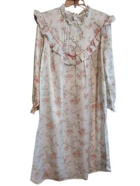 Apostrophe 1980s Sears Cream Long Sleeve Floral Ruffle Nightgown with Pink